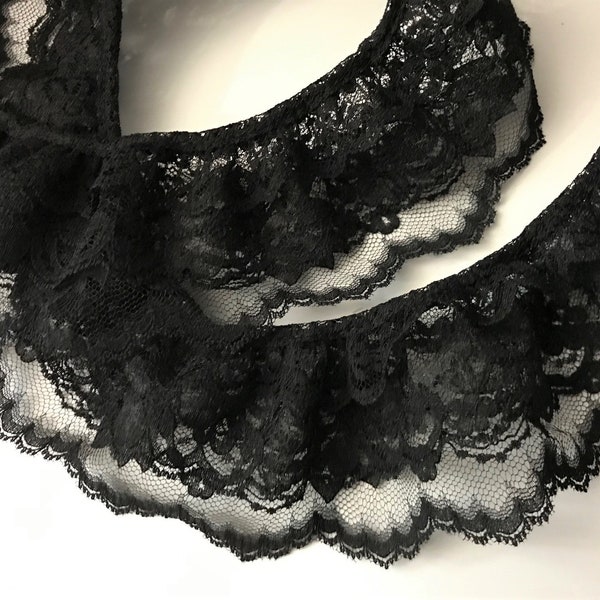 Black Triple Ruffled Lace Trim, 3 Tier Lace for Apparel, Bridal Accessories, Doll Clothes, Costumes, Gothic, Steampunk, Journals
