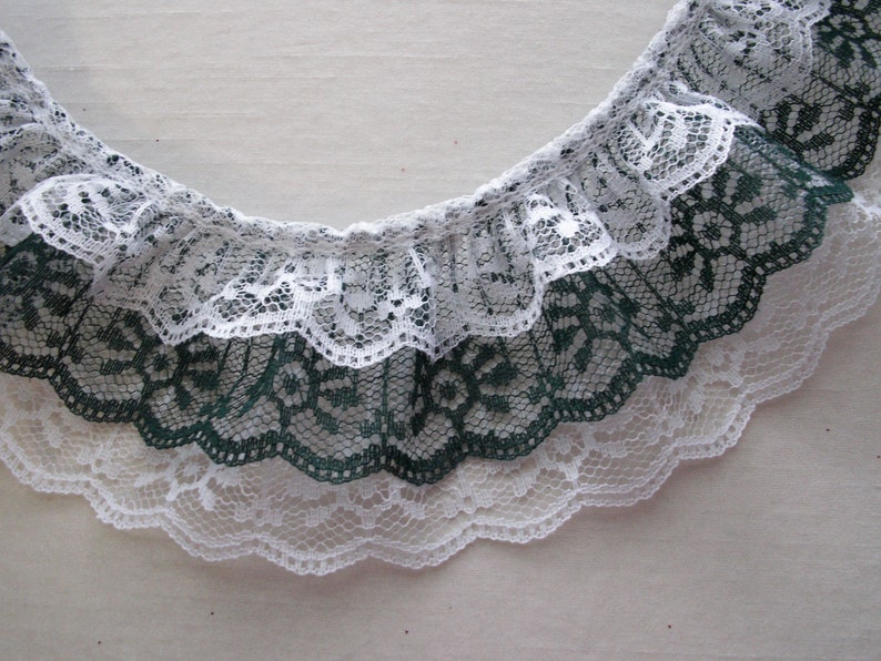 White Ruffled Candlewick Lace Trim with Emerald Ribbon Top~By 5 Yards