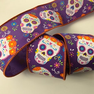 Multicolor Sugar Skulls Ribbon, 2 1/2&quot; Wide, Wired Edge Ribbon for Wreaths, Bows, Halloween, Day of the Dead, Dia de los Muertos, 3 YARDS