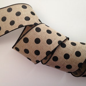 Tan with Black Polka Dots Ribbon, 2 1/2" Wide, Wired Ribbon for Bows, Wreaths, Gift Baskets, Swags, Garlands, Home Decor, 5 YARDS