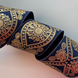 Christmas Ribbon, Navy and Metallic Gold, 2 1/2" Wide, Wired Edge Ribbon for Bows, Wreaths, Holiday Home Decor, Christmas Crafts, 3 YARDS