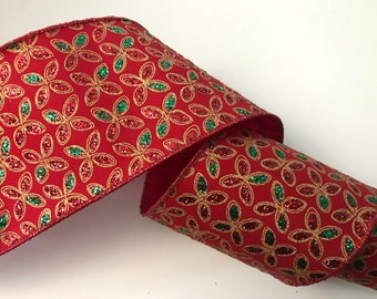 Christmas Ribbon, Red with Gold Green and Red Sparkle, 4" Wide, Wired Edge Ribbon for Bows, Wreaths, Swags, Holiday Home Decor, 3 YARDS