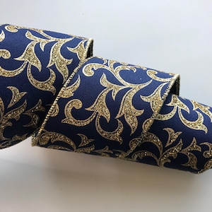 Christmas Ribbon, Navy with Gold Sparkle, 2 1/2&quot; Wide, Wired Ribbon for Bows, Wreaths, Gift Baskets, Holiday Home Decor, 3 YARDS