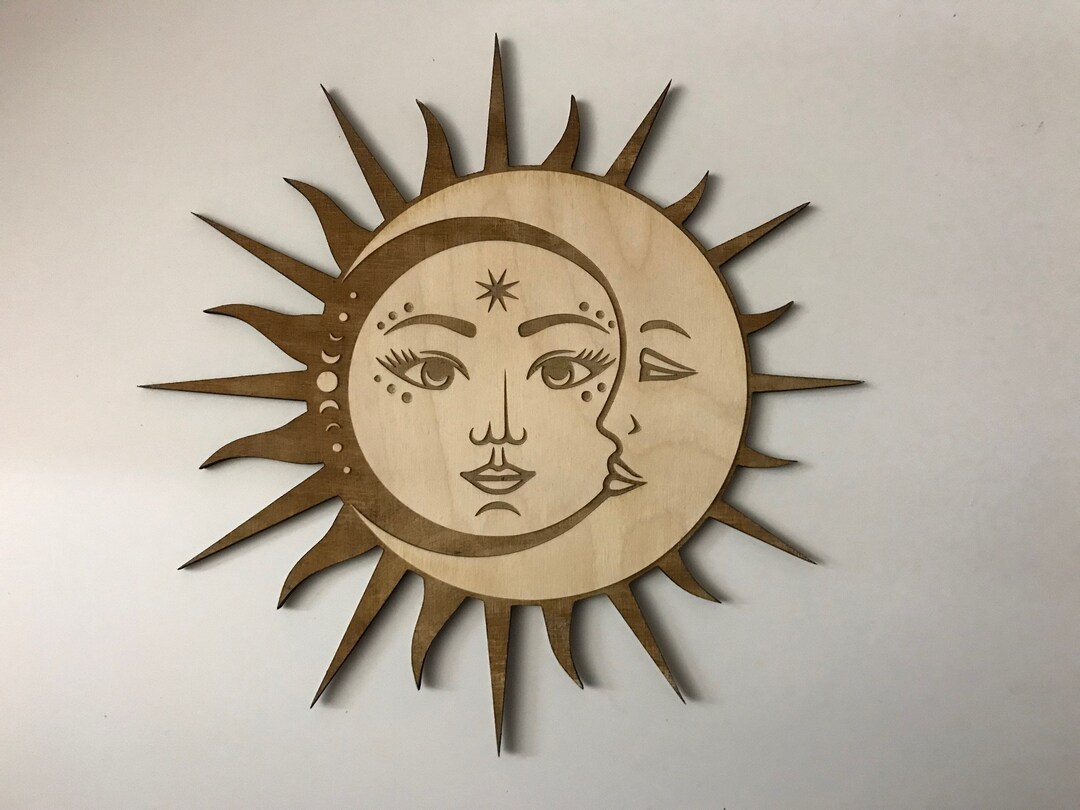 Sun and Moon Face Wood Plaque, Laser Cut and Engraved Wood, Celestial ...