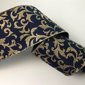 Christmas Ribbon, Navy with Gold Sparkle, 4&quot; Wide, Wired Edge Ribbon for Bows, Wreaths, Gift Baskets, Holiday Home Decor, 3 YARDS