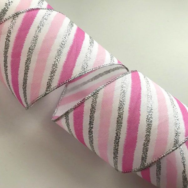 Christmas Ribbon, Pink White and Silver Stripes, 2 1/2" Wide, Wired Ribbon for Wreaths, Bows, Gift Baskets, Holiday Home Decor, 5 YARDS