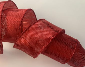 Bright Red Textured Ribbon, 1 1/2" Wide, Wired Ribbon for Wreaths, Bows, Gift Baskets, Swags, Holiday Decorations, Christmas Ribbon, 5 YARDS