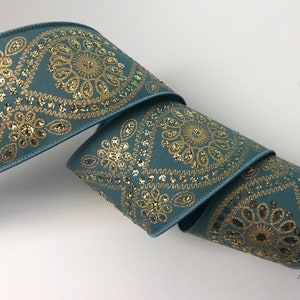 Christmas Ribbon, Smoke Blue & Metallic Gold, 2 1/2&quot; Wide,Wired Edge Ribbon for Bows, Wreaths, Holiday Home Decor, Christmas Crafts, 3 YARDS