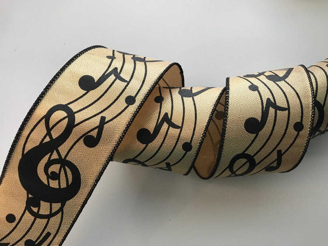 Metallic Gold Ribbon With Black Music Notes, 2 1/2