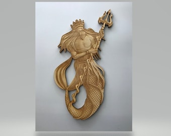 Wooden Poseidon with Trident, Laser Cut & Engraved Wood, Wood Cutouts, Sea Life Wall Art, Nautical Home Decor, Wreaths, Decorative Woodcraft