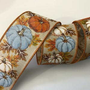 Multicolor Pumpkins and Fall Leaves Ribbon, 2 1/2" Wide, Wired Ribbon for Wreaths, Bows, Gift Baskets, Garlands, Swags, Home Decor, 5 YARDS