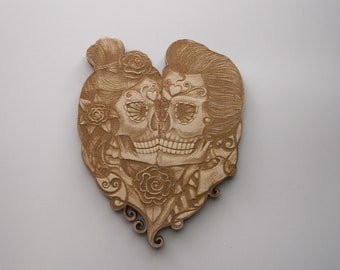 Sugar Skull Couple, Laser Cut and Engraved Wood, Day of the Dead, Calavera, Dia de los Muertos, Wedding Gift, Ornament, Decorative Woodcraft