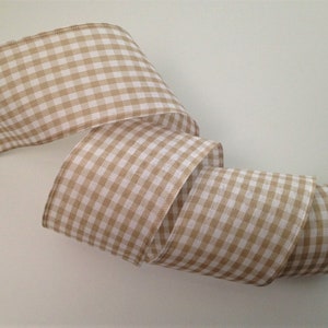 Gingham Ribbon, Beige and Cream, 2 1/2" Wide, Wired Edge Ribbon for Wreaths, Bows, Gift Baskets, Home Decor, Farmhouse, Rustic, 5 YARDS
