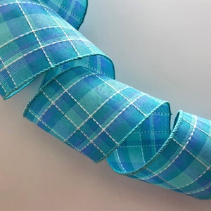 Blue Stitched Plaid Ribbon, 2 1/2" Wide, Wired Ribbon for Wreaths, Bows, Swags, Garlands, Gift Baskets, Home Decor, 5 YARDS
