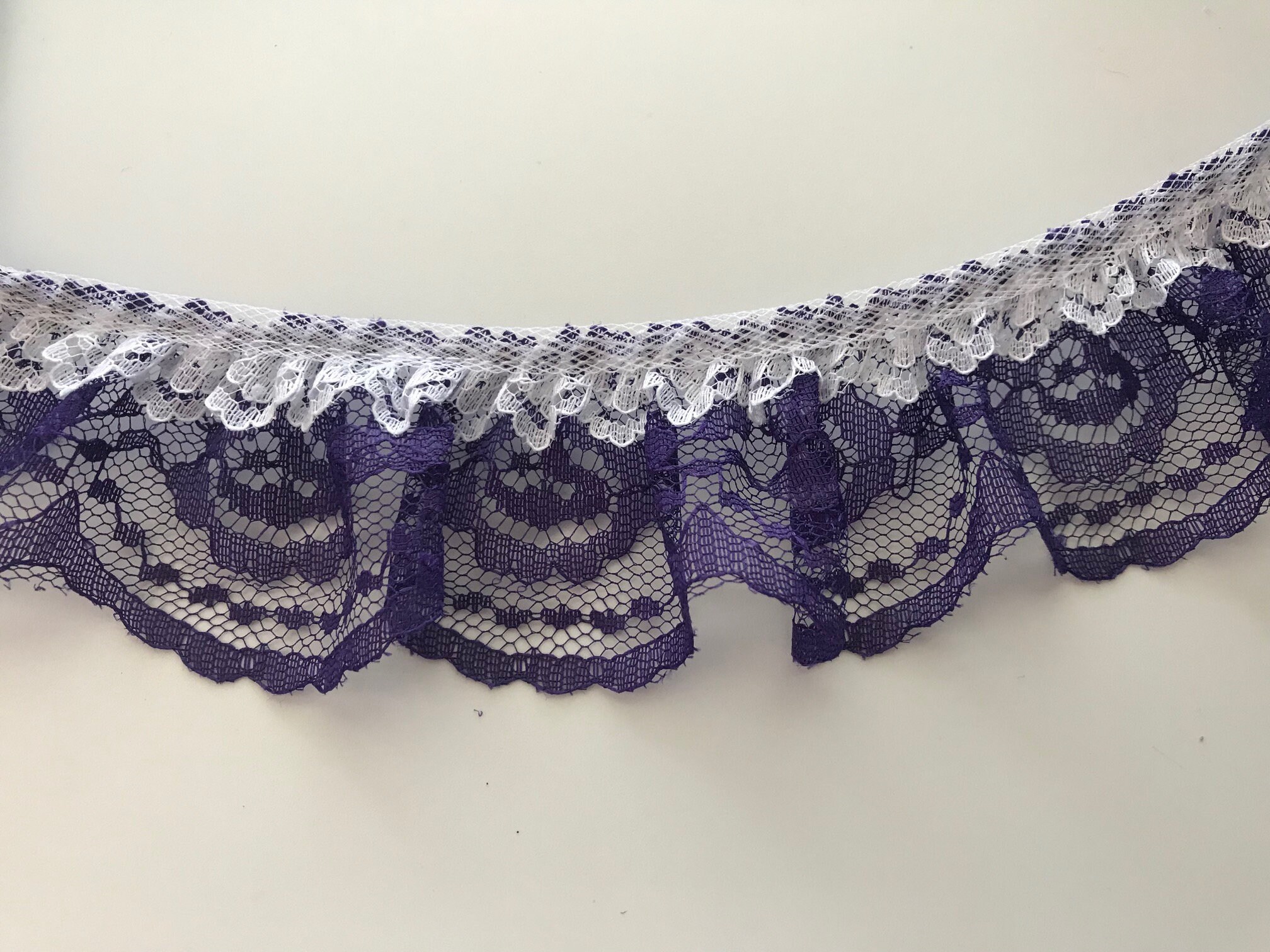Scallop Ruffle Edge White and Purple Scalloped Edge Double Ruffled Lace Trim, 2 Tier Lace ...