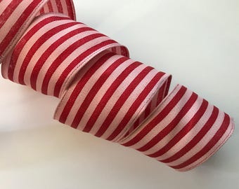 Christmas Ribbon, Red and Pink Stripes, 2 1/2" Wide, Wired Ribbon for Wreaths, Bows, Swags, Holiday Home Decor, Christmas Crafts, 5 YARDS