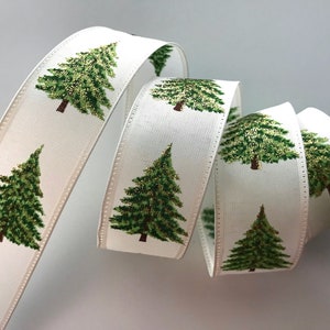 Christmas Ribbon, Ivory with Christmas Trees, 1 1/2" Wide, Wired Ribbon for Wreaths, Bows, Gift Baskets, Holiday Home Decor, 5 YARDS