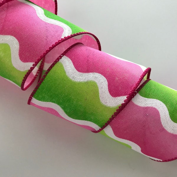 Lime Green Pink and White Ribbon, 2 1/2" Wide, Wired Edge Ribbon for Bows, Wreaths, Baskets, Swags, Garlands, Home Decor, 3 YARDS