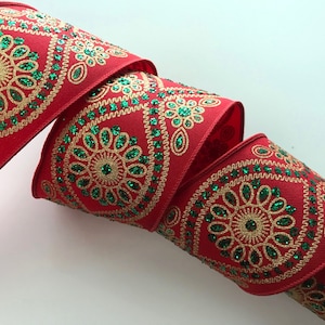 Christmas Ribbon, Red and Metallic Gold & Green, 2 1/2&quot; Wide, Wired Ribbon for Bows, Wreaths, Holiday Home Decor, Christmas Crafts, 3 YARDS