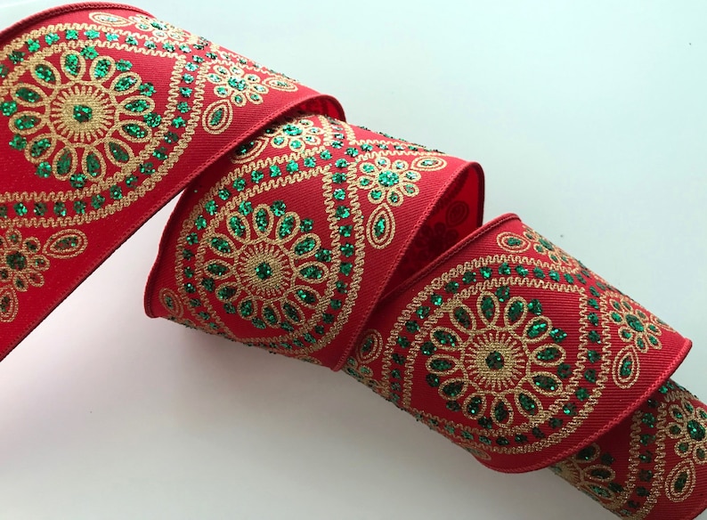 Red And Gold Patterned Ribbon Christmas Ribbon, Red and Metallic Gold & Green, 2 1/2