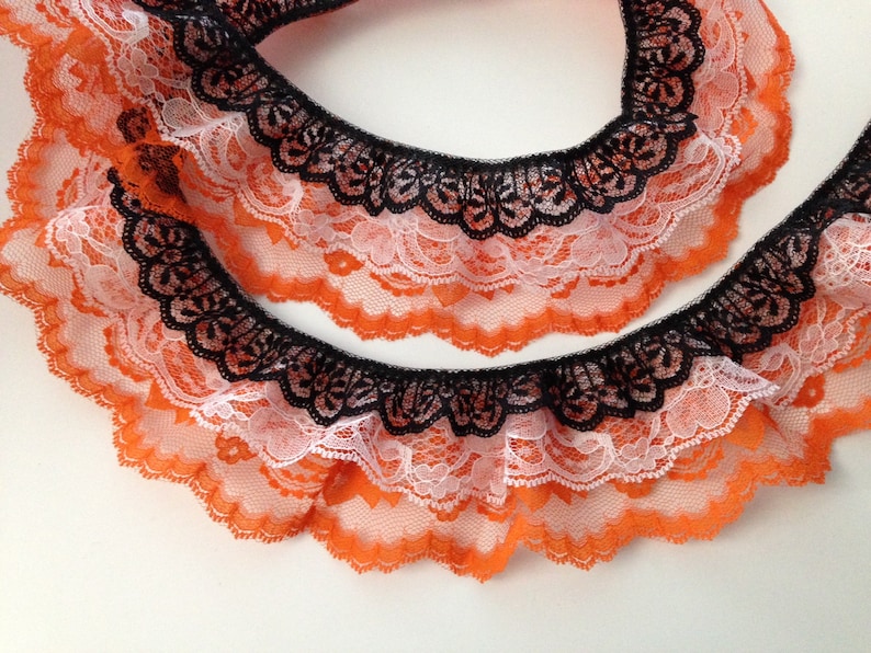 Black White and Orange Triple Ruffled Lace Trim, Costumes, Fall and Halloween Crafts Decorative Lace, 3 Tier Lace Trim, DIY Lace Projects 