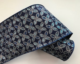Christmas Ribbon, Navy with Silver Ice Blue & Royal Blue Sparkle, 4" Wide, Wired Edge Ribbon for Bows, Wreaths, Holiday Home Decor, 3 YARDS