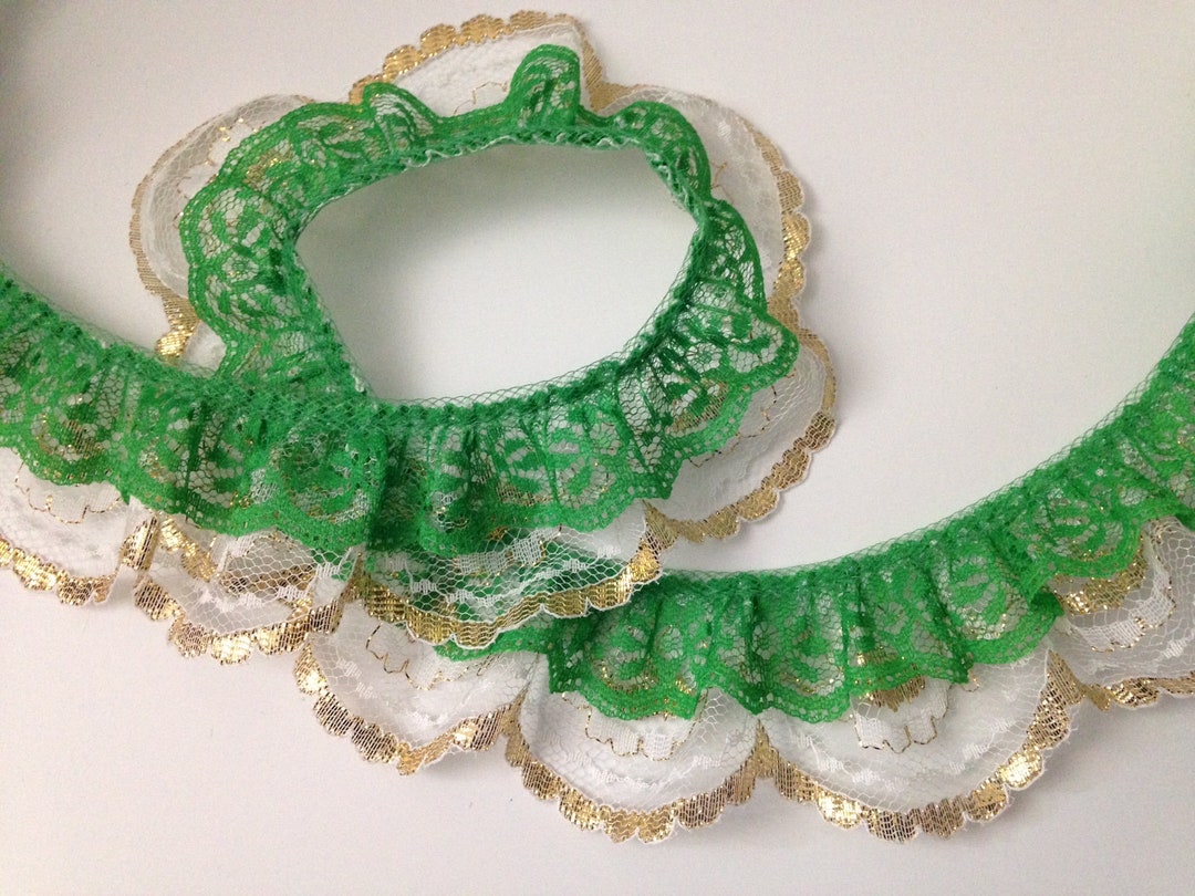 Scallop Ruffle Edge Double Ruffled Scalloped Edge 2 Tier Lace Trim, Emerald Green and Gold ...
