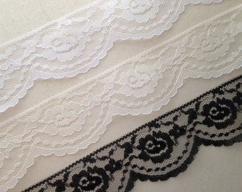 Scalloped Edge Lace Trim, White, Ivory, Black, 2" Wide, 10 YARDS,  Apparel, Lingerie, Bridal Accessories, Costumes, Doll Clothes