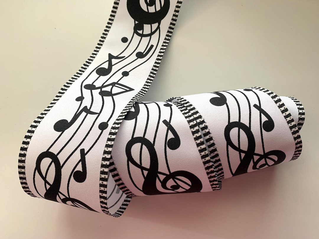 White Ribbon With Black Music Notes, 2 1/2