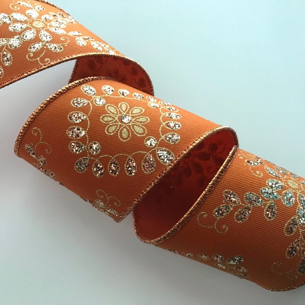 Christmas Ribbon, Rust Orange and Metallic Gold, 2 1/2" Wide, Wired Ribbon for Bows, Wreaths, Holiday Home Decor, Christmas Crafts, 3 YARDS