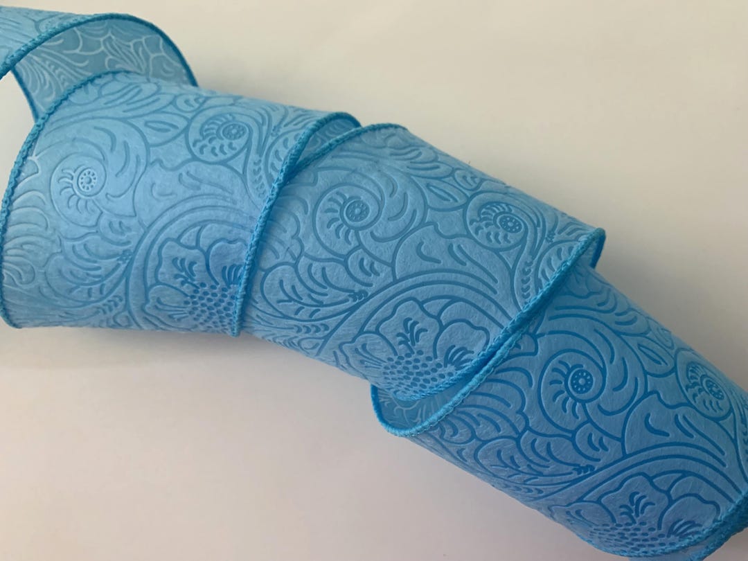 Whimsy Ribbon Blue Blue Embossed Flowers Ribbon, 2 1/2