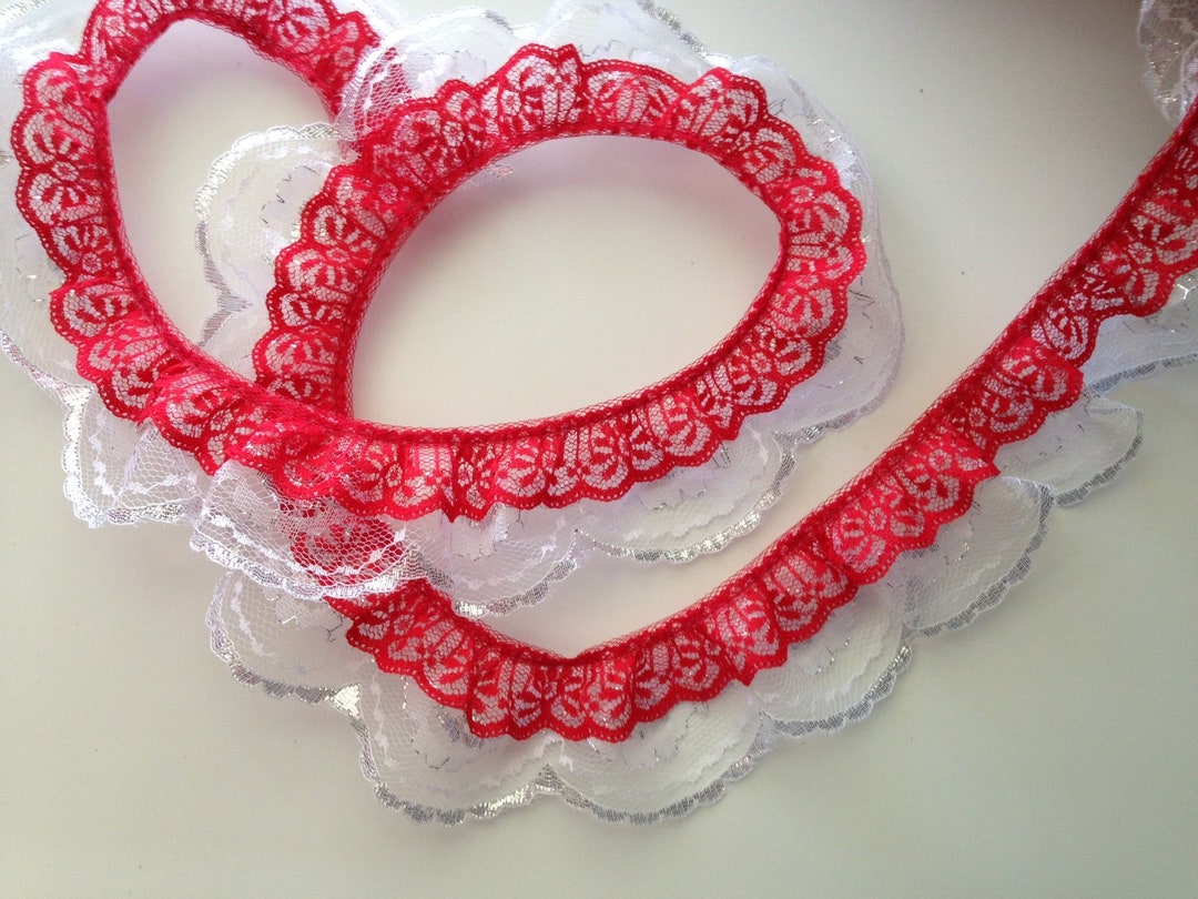 Scallop Ruffle Edge Double Ruffled Scalloped Edge Lace Trim, Red and Silver, 2 Tier Lace ...
