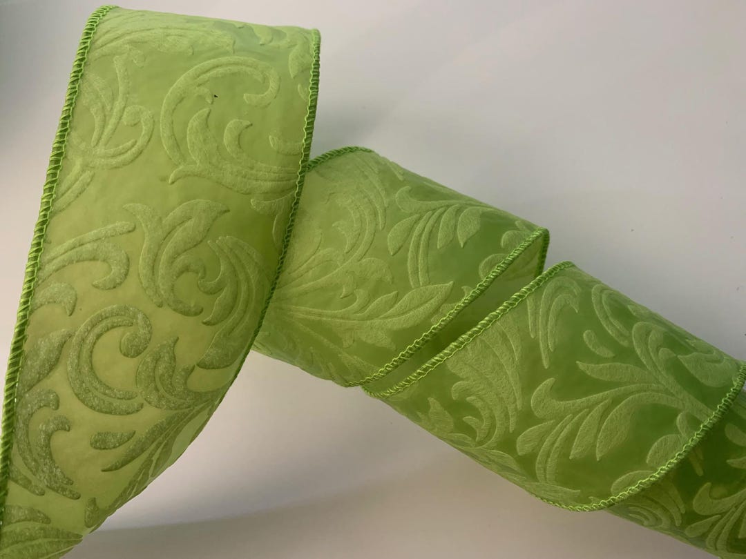 Green Embossed Leaves Filigree Ribbon, 2 1/2
