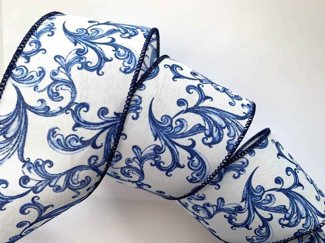 Whimsy Ribbon Blue White With Blue Chinoiserie Swirls Ribbon, 2 1/2