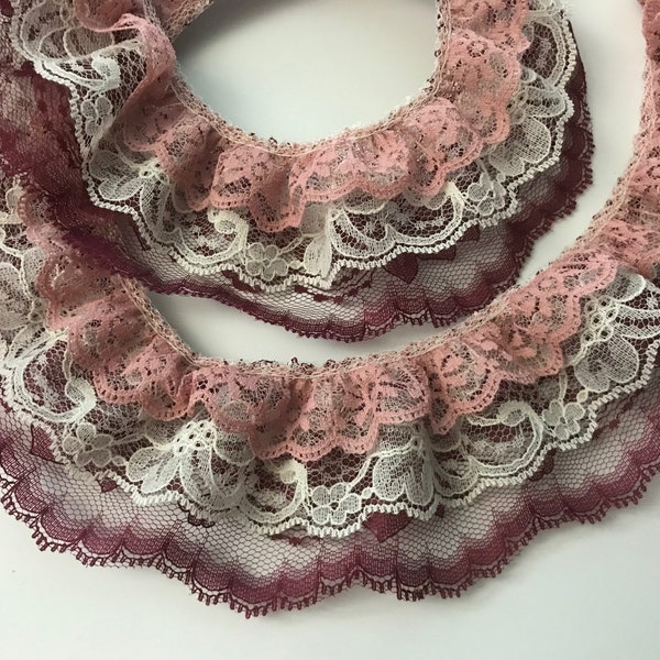 Dusty Rose Ivory and Wine Triple Ruffled Lace Trim, 3 Tier Lace, Apparel, Doll Clothes, Costumes, Journals, Decorative Lace Trim