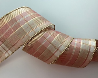 Christmas Ribbon, Rose Gold and Ivory Plaid, 2 1/2" Wide, Wired Ribbon for Wreaths, Bows, Gift Baskets, Swags, Garlands, Home Decor, 5 YARDS