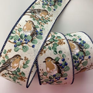 Christmas Ribbon, Bird on Berry Branches, 2 1/2" Wide, Wired Ribbon for Bows, Wreaths, Swags, Gift Baskets, Holiday Decorations, 3 YARDS