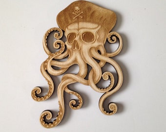 Skull Octopus with Hat, Laser Cut and Engraved Wood, Nautical Ocean Sea Life Decorative Woodcraft