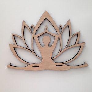 Wooden Yoga Figure with Lotus Flower, Laser Cut Wood Shapes, Decorative Woodcraft, Spiritual Home Decor, Wall Art, Bohemian Decor