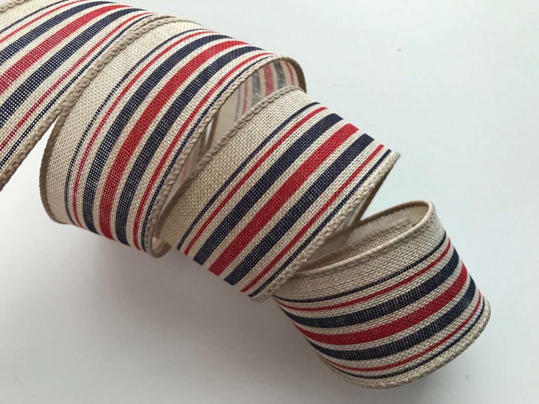 Tan Striped Ribbon Tan With Navy and Red Stripes Ribbon, 1 1/2