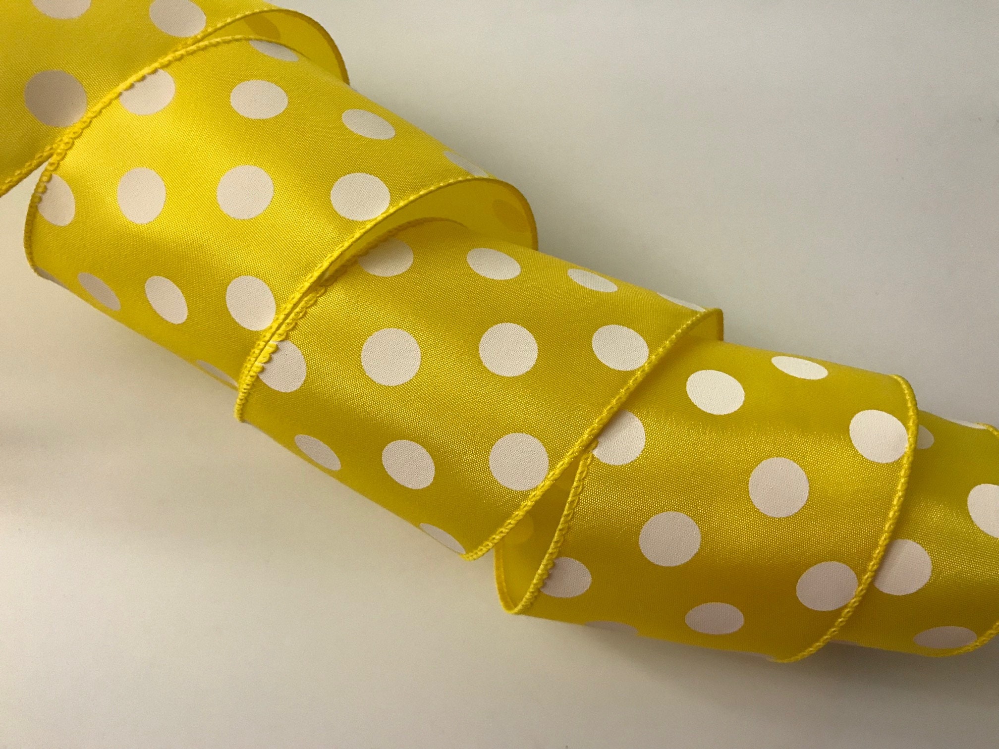 Bright Yellow Ribbons Bright Yellow With White Polka Dots Ribbon, 2 1/2