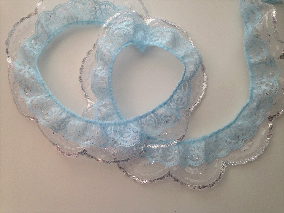 Scallop Ruffle Edge Double Ruffled Scalloped Edge Lace Trim, Blue and Silver, 2 Tier Lace ...