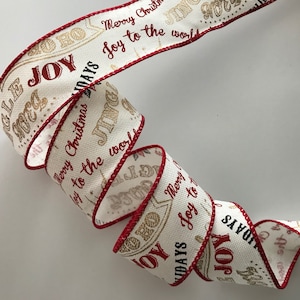 Christmas Ribbon, Red and Gold Holiday Script, 1 1/2&quot; Wide, Wired Edge Ribbon for Wreaths, Bows, Gift Baskets, Holiday Home Decor, 12 YARDS