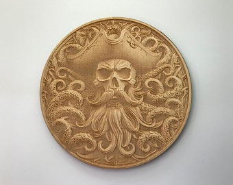 Skull Octopus with Pirate Hat, Laser Cut and Engraved Wood, Gothic Wall Art, Decorative Woodcraft