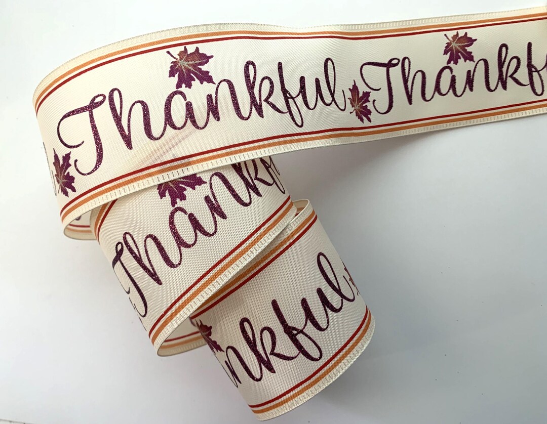 Happy Fall Ribbon Thankful With Fall Leaves Ribbon, 2 1/2