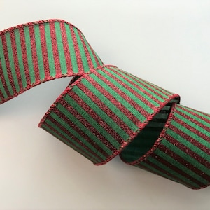 Christmas Ribbon, Red and Green Stripes, 2 1/2&quot; Wide, Wired Ribbon for Wreaths, Bows, Gift Baskets, Swags, Holiday Home Decor, 3 YARDS