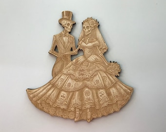 Bride and Groom Sugar Skulls Couple, Day of the Dead, Dia de los Muertos, Calavera, Laser Cut and Engraved Wood, Wedding Gift
