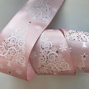 Christmas Ribbon, Pink with White and Pink Sparkle Christmas Trees, 2 1/2&quot; Wide, Wired Ribbon for Bows, Wreaths, Holiday Home Decor, 3 YARDS
