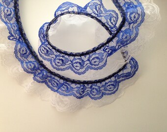 Double Ruffled Lace Trim, Royal Blue and White, Lace Trim for Apparel, Costumes, Doll Clothes, Journals, 2 Tier Lace Trim, 2 YARDS