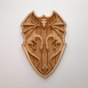 Wooden Dragon Shield, Laser Cut and Engraved Wood, Custom Wood Cutouts, Home Decor, Fantasy Decor, Decorative Woodcraft